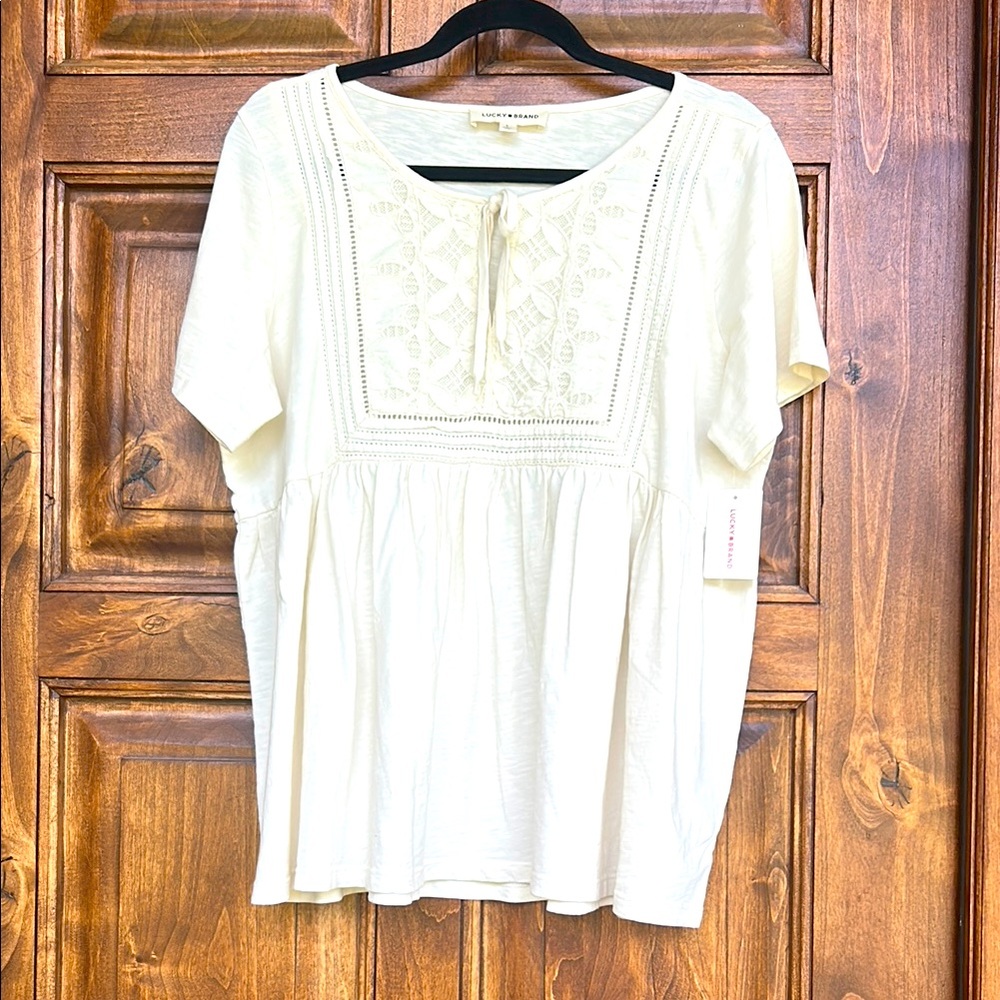 Lucky Brand Babydoll Cotton Embroidered Tie Neck top